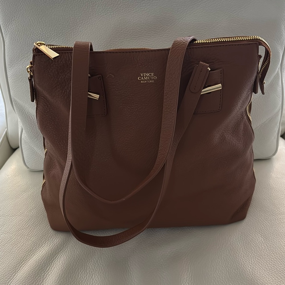 Luxurious  Vince Camuto  brown Leather Tote with Pebbled Texture. 14 by 12 1/2.